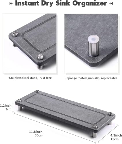 Kitchen Sink Caddy, Diatomite Water Absorbing Stone Tray, Grey | Bathroom Vanity & Countertop Organizer, Ideal Faucet Drying Mat, Coaster, Soap Dish & Sponge Dispenser Holder - color: Grey