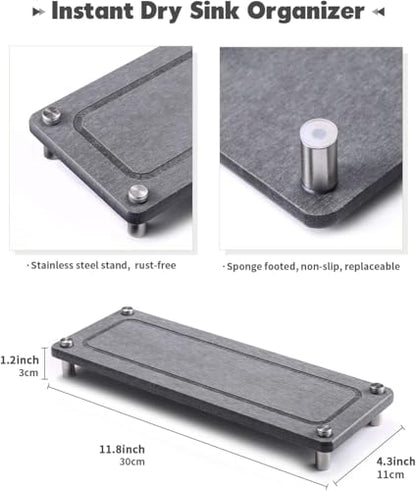 Kitchen Sink Caddy, Diatomite Water Absorbing Stone Tray, Grey | Bathroom Vanity & Countertop Organizer, Ideal Faucet Drying Mat, Coaster, Soap Dish & Sponge Dispenser Holder - color: Grey