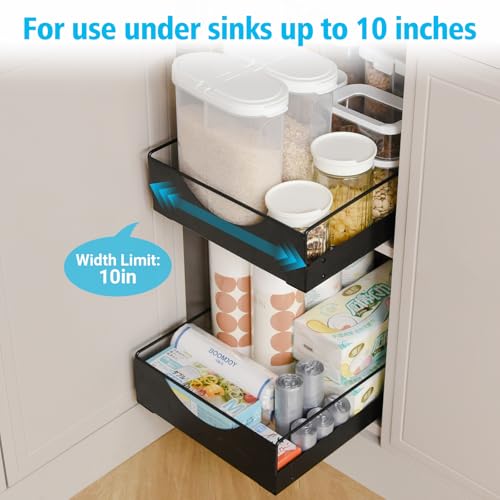 Under Sink Pull Out Organizer, Single-Tier Metal Drawer Slide Out Storage Shelf, No-Drill Nano Adhesive Installation, Fits 16"+ Deep Cabinets for Kitchen Bathroom Pantry Storage - size: Single-layer Medium