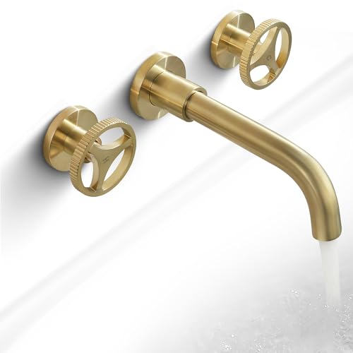 SKOWLL Brushed Gold Wall Mount Bathroom Sink Faucet, Vintage Widespread Bathroom Faucet, 2 Round Handle Vessel Sink Faucets with 360° Swivel Spout - color: Brushed Gold