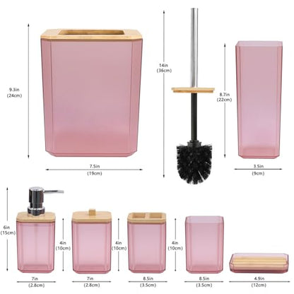 CERBIOR Bamboo Bathroom Accessories Set 7 Piece Bath Ensemble,Pink | Includes Soap Dispenser, Toothbrush Holder, Toothbrush Cup, Soap Dish for Decorative Countertop and Housewarming Gift - style: Pink