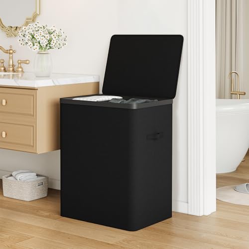 Double Laundry Hamper with Lid, 150L Large Laundry Basket 2 Compartments | Gasvadivum Dirty Clothes Hamper 2 Section with Portable Liner Bags and Handles for Laundry Room, Bedroom, Easy Assembly,Black - color: Black