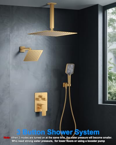 Shower System with Pressure Balance Valve, 12" Ceiling Mount Shower Faucet Set with 2 Rain Shower Head And Multi-function Handheld Head Push Button Diverter Pressure Balancing Valve Kit, Brushed Gold - color: Brushed Gold, style: 12"-Square-01