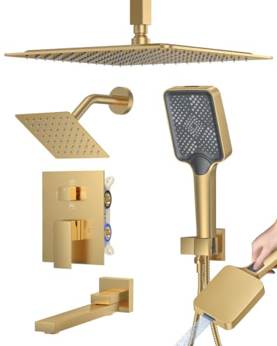 Woindo 4 Function Shower Faucet Set 12" Rain Shower Head/6'' Side Shower Head and 3 Setting Handheld Ceiling Mount Push Button Diverter Complete Rainfall Round Shower System Included Valve Trim Kit - color: Brushed Gold, style: 4-Function-Ceiling