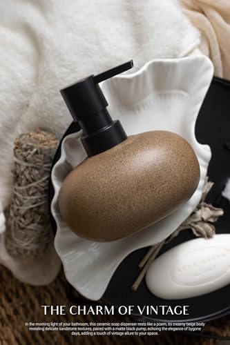 EMPO Ceramic Hand Soap Dispenser with Matte Black Pump, Stone-Textured Wabi-Sabi Liquid Dispenser for Bathroom Vanity and Kitchen Sink (300ml/10.14oz) - size: 300 ml