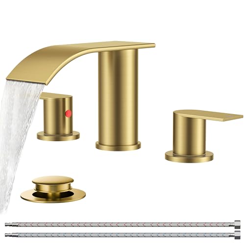 FORIOUS Bathroom Faucet 3 Hole 8 Inch Widespread Waterfall Brushed Gold | Bathroom Sink Faucet with Pop-up Drain and 24" Supply Lines, Two Handles, for Vanity Laundry Farmhouse School and Restroom - color: Brushed Gold