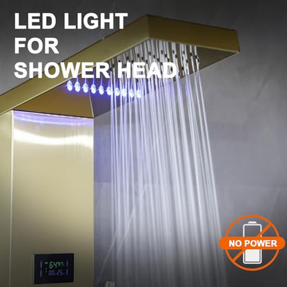 LED Shower Panels Tower System, LCD Temperature Display with Shelf, 304 Stainless Steel System with Rainfall Shower Head with Handheld Massage Body Jets Waterfall Bathtub, Brushed Gold - color: Brushed Gold