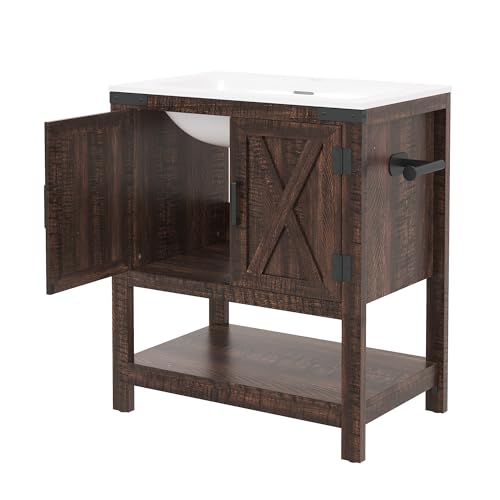 AMERLIFE 24" Brown Farmhouse Bathroom Vanity with Sink and Open Shelf | Rustic Brown, Single Solid White Integrated Top, Moisture-Resistant MDF, Barn Doors, Open Shelf, Paper Towel Holder - color: Rustic Brown, size: 24“
