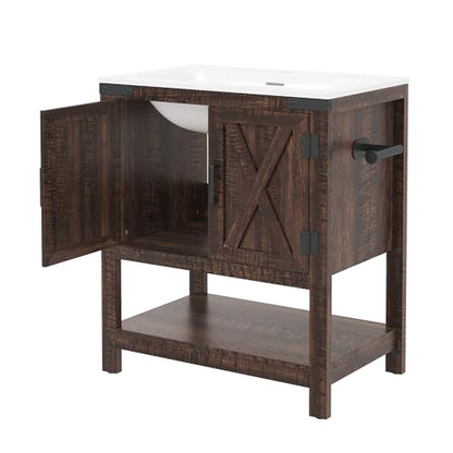AMERLIFE 24" Brown Farmhouse Bathroom Vanity with Sink and Open Shelf | Rustic Brown, Single Solid White Integrated Top, Moisture-Resistant MDF, Barn Doors, Open Shelf, Paper Towel Holder - color: Rustic Brown, size: 24“