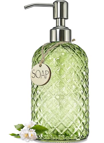 JASAI 18Oz Tea Green Soap Dispenser with Rust Proof Pump | Refillable Glass Soap Dispenser for Bathroom & Kitchen to Dispense Dish Soap, Hand soap, liquid Soap, Lotion. - color: Green