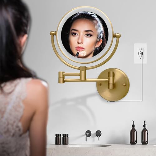 Wall Mounted Makeup Mirror with Light and Magnification 10X, Antique Brass | 8" Bathroom Double Sided Magnifying Vanity, Touch Dimmable, Extended Arm 360 Rotation Foldable Shaving, Brushed, Rechargeable - color: Antique Brass