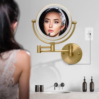 Wall Mounted Makeup Mirror with Light and Magnification 10X, Antique Brass | 8" Bathroom Double Sided Magnifying Vanity, Touch Dimmable, Extended Arm 360 Rotation Foldable Shaving, Brushed, Rechargeable - color: Antique Brass