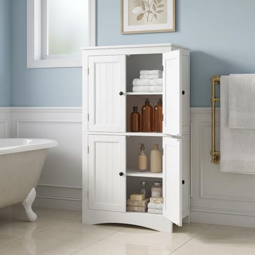 Gizoon 43" Bathroom Storage Cabinet with Adjustable Shelves | Organizer with 4 Magnetic Doors, Pantry Cabinet for Kitchen, Living Room, White - color: White, size: 43"H
