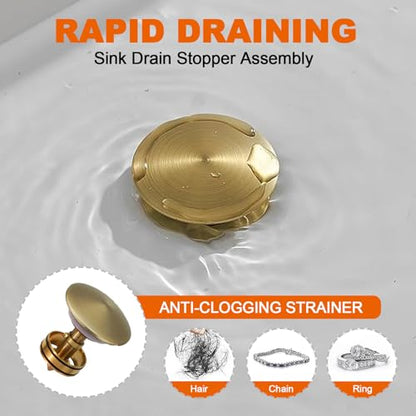 Bathroom Sink Drain Without Overflow, Antique Brass Bathroom Sink Stopper for Vanity Vessel Sink, Rapid Draining Stainless Steel Pop Up Drain with Hair Catcher Anti-Clog Strainer - color: Antique Brass