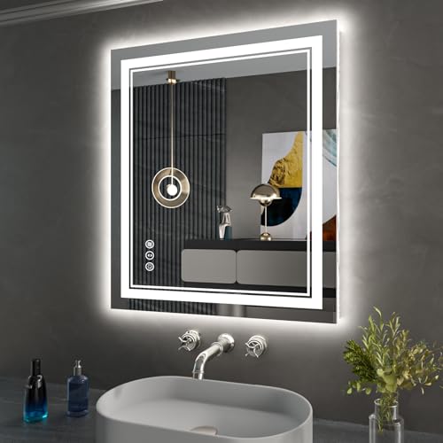 24X30 Inch LED Bathroom Mirror with Lights | Front and Backlit, 3 Colors, Dimmable, Memory, Anti Fog, Shatterproof, Horizontal/Vertical, Lighted Mirrors for Bathroom Wall - color: Dual Lights, size: 24"L x 30"W