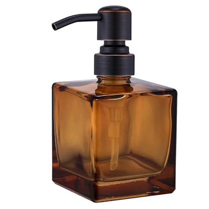 Square Bathroom Soap Dispenser Amber Bottle with Oil Rubbed Bronze Pump, Retangle Cube 8.4 oz Glass Bottles with Stainless Steel Pump Hand Liquid Soap Dispenser Kitchen - color: Amber and Oil Rubbed Bronze