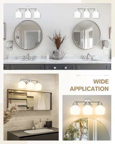 Emak Brushed Nickel Vanity Lights, Modern Milk Glass Bathroom Light Fixtures, 3-Light Bathroom Vanity Light Over Mirror, VL122-BN-ML-3 - color: Brushed Nickel & White Glass, size: 3 Light