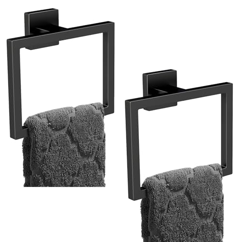 FLE Hand Towel Ring, Towel Rings for Bathroom Wall, 2 Pack, Black | Screw Mount Hardware, Stainless Steel Towel Hanger, Modern Square Hardware - color: Black