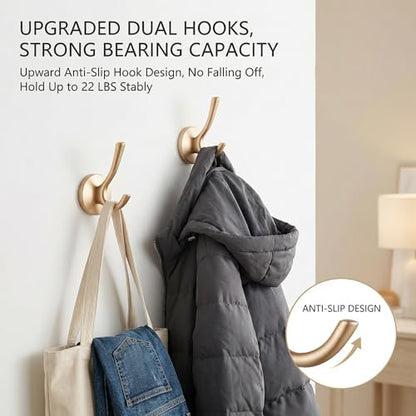Matte Gold Towel Hooks 4 Pack, Heavy Duty Zinc Alloy Double Prong Coat Robe Hooks, Wall Mounted Towel Hooks for Bathroom, Kitchen, Closet, Garage, Entryway (195gold) - color: Brushed gold