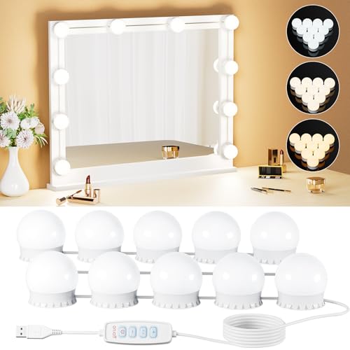 10 Bulbs LED Vanity Lights for Mirror, 3000K 4000K 6500K & 10-Brightness, Wire Length Adjustable, USB Cable, Hollywood Mirror Lights for Makeup Dressing Room Bathroom, White - size: 10 Dimmable Bulbs