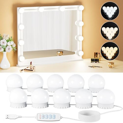 10 Bulbs LED Vanity Lights for Mirror, 3000K 4000K 6500K & 10-Brightness, Wire Length Adjustable, USB Cable, Hollywood Mirror Lights for Makeup Dressing Room Bathroom, White - size: 10 Dimmable Bulbs