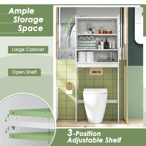 Tangkula Over The Toilet Storage Cabinet, Above Toilet Bathroom Shelf w/Double Doors & Adjustable Shelf, Freestanding Toilet Shelf Space Saver w/Anti-Tip Kits & Adjustable Bottom Bar, 63" H (White)