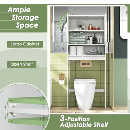 Tangkula Over The Toilet Storage Cabinet, Above Toilet Bathroom Shelf w/Double Doors & Adjustable Shelf, Freestanding Toilet Shelf Space Saver w/Anti-Tip Kits & Adjustable Bottom Bar, 63" H (White)