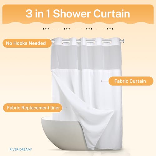 RiverDream Heavyweight Waffle No Hook Shower Curtain with Liner,White,71x74 | Dotted Waffle,Snap-in Liner,Heavy Duty,Quick Dry,Mesh Top Window,With Bottom Magnets,Hotel-Grade,Washable,Standard Size - color: White, size: 71"W x 74"L (Pack of 1)