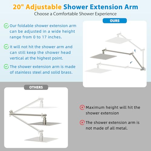 All-Metal 20" Shower Head Extension Arm, G1/2" Universal, Brushed Nickel | Flexible Brass Shower Extender Height/Angle Adjustable for Tall People, Stainless Steel Shower Pipe Extended with Lock Joint - color: Brushed Nickel, size: 20 Inch