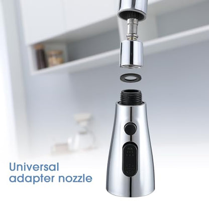 Kitchen Faucet Sprayer Head Replacement, 3 Function Pull Down Sink Faucet Spray Head with Detachable Aerator, Universal Fit, Chrome/Brushed Nickel Finish, Leak-Proof Nozzle for Kitchen Sink
