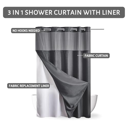 Furlinic No Hooks Needed Waffle Weave Shower Curtain with Snap in Fabric Liner,Honeycomb Texture Bathroom Curtains with See Through Top Window,Waterproof,Dark Grey,71x96 Inch - color: Dark Grey, size: 71"W x 96"L (Pack of 1)