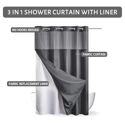 Furlinic No Hooks Needed Waffle Weave Shower Curtain with Snap in Fabric Liner,Honeycomb Texture Bathroom Curtains with See Through Top Window,Waterproof,Dark Grey,71x96 Inch - color: Dark Grey, size: 71"W x 96"L (Pack of 1)