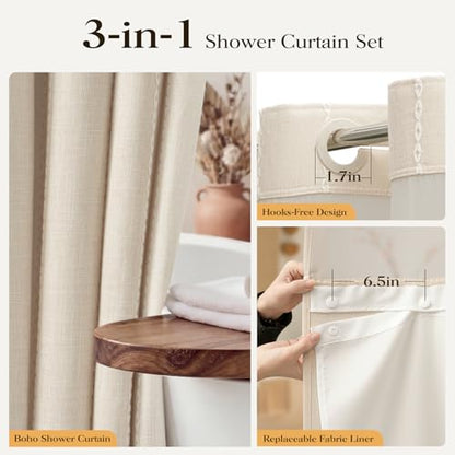 72x87 Ringless Boho Stripe Tassel Shower Curtain with Snap Liner Cream | Extra Long Size, Heavy Duty Linen Blend, 3 in 1 Shower Curtain Set, Farmhouse Style, Waterproof & Washable, Mesh Top Window - color: A - Cream, size: 72"W x 87"L (Pack of 1)