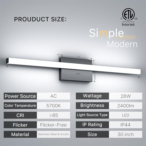 30Inch LED Bathroom Vanity Light Bar 5700K Dimmable Led Bathroom Light Over Mirror Modern Bath Wall Light Cool White ETL Certified 28W - color: 1 Pack - Black 5700k Daylight, size: 30 Inch