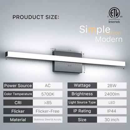 30Inch LED Bathroom Vanity Light Bar 5700K Dimmable Led Bathroom Light Over Mirror Modern Bath Wall Light Cool White ETL Certified 28W 2Pack - color: 2 Pack - Black 5700k Daylight, size: 30 Inch