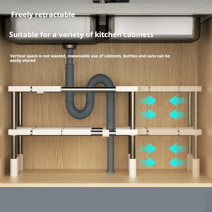 Under Sink Organizer, 2 Tier Expandable Heavy Duty Metal Shelf, Retractable Bathroom Storage Rack for Under Kitchen Bathroom Sink Organizers and Storage Single Layer