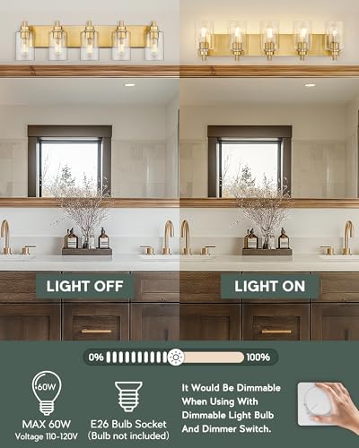 5-Light Brushed Gold Bathroom Vanity Light, Clear Cylinder Glass | 30" modern bathroom light fixtures over mirror, E26 base, bulbs not included, VL143-BG-5 - color: Brushed Gold, Cylinder Glass Shade, size: 5-light