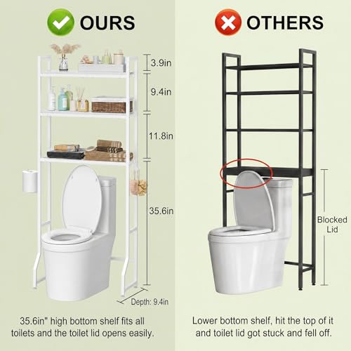 Over Toilet Bathroom Organizer with Toilet Paper Holder | White Over the Toilet Shelf, Over the Toilet Storage Cabinet, Heavy Duty Metal 3 Tier Bathroom Organizer Shelf with 3 Hooks - color: White
