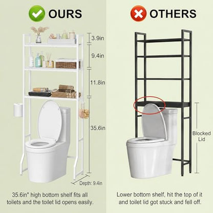 Over Toilet Bathroom Organizer with Toilet Paper Holder | White Over the Toilet Shelf, Over the Toilet Storage Cabinet, Heavy Duty Metal 3 Tier Bathroom Organizer Shelf with 3 Hooks - color: White