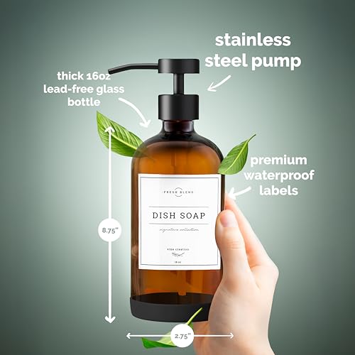 Vine Creations Amber Glass Soap Dispenser Set - Kitchen Soap Dispenser Set with Stainless Steel Pump - 16 oz Dish Soap and Hand Soap Dispensers for Bathroom with Silicone Pad & Waterproof Labels - color: Amber Bottle / Matte Black Flat-style Pump
