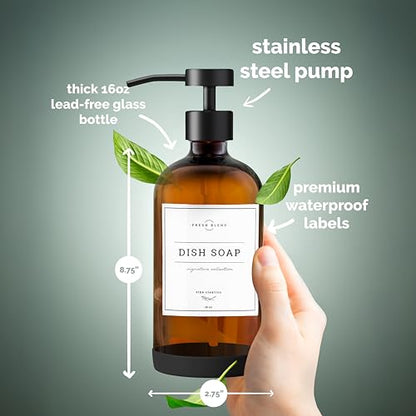 Vine Creations Amber Glass Soap Dispenser Set - Kitchen Soap Dispenser Set with Stainless Steel Pump - 16 oz Dish Soap and Hand Soap Dispensers for Bathroom with Silicone Pad & Waterproof Labels - color: Amber Bottle / Matte Black Flat-style Pump