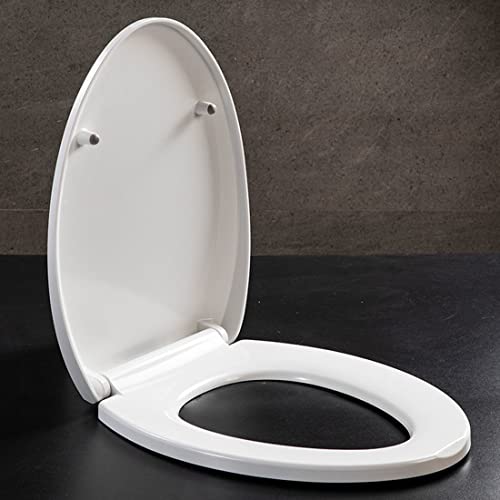 Soft Close Elongated Toilet Seat - Easy Clean, Universal Fit, Durable UF Material, Non-Slip Bumpers, Quiet Lid, White - Perfect for Home Bathrooms.