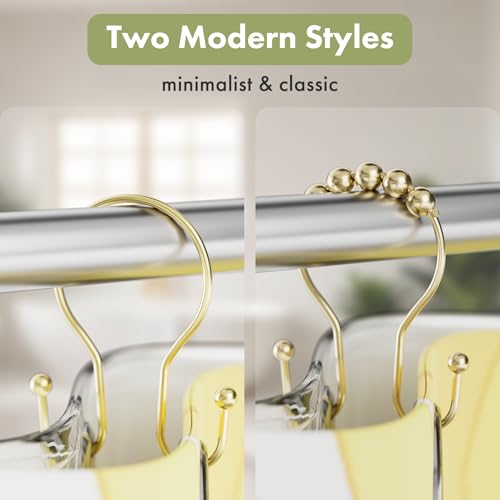 AmazerBath Shower Curtain Hooks Gold Shower Curtain Rings, Simple Double Hook Shower Curtain Hooks Rust Proof, Metal Smooth Shower Hooks for Shower Curtain Rod, 12 Pcs Shower Rod Hook Light Gold - color: Light Gold, style: Minimalist - Double Shower Hooks