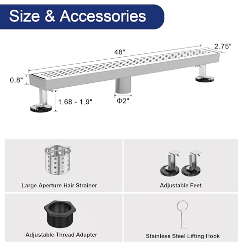 48 Inch Linear Shower Drain - Brushed Nickel, with Removable Grate | AISI 304 Stainless Steel Shower Drain, Long Rectangle Shower Floor Drain with Adjustable Feet, Fits Bathroom & Balcony etc - color: Brushed Nickel, size: 48 in