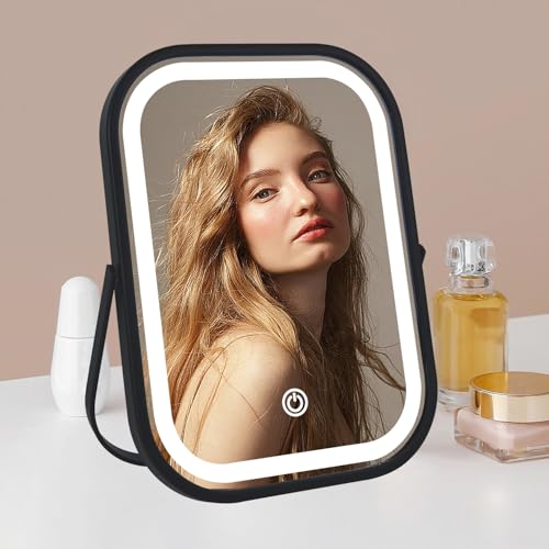 YEKKOPT Travel Mirror with Lights, Small LED Makeup Mirror with Lights,Portable Desk Mirror 1200mAh Battery,3 Color Modes,Dimmable Touch Screen, Tabletop Folding Compact Mirror,Women Gift - color: Black, size: 8"L x 6"W