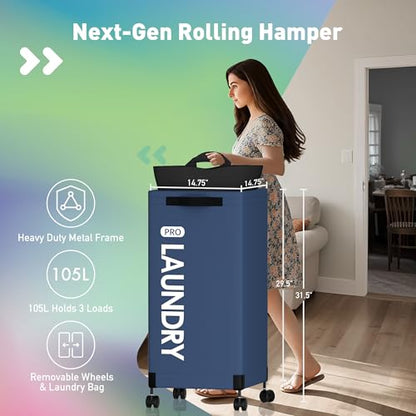 Caroeas Next-Gen 105L Matel Frame Laundry Basket with wheels, Heavy Duty Tall Rolling Laundry Hamper with Removable Wash Bag, Collapsible Freestanding Clothes Hamper (105L,Navy Blue,2Pack) - color: Navy Blue - 2 Pack