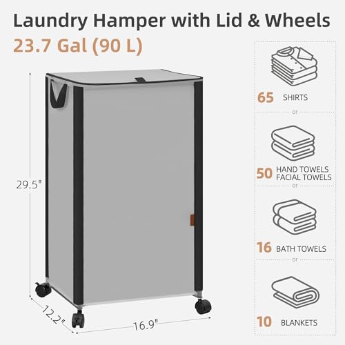 STORAGE MANIAC Rolling Laundry Hamper with Lid, 23.7 Gal (90 L) Large Tall Laundry Basket with Wheels & Handles, Aesthetic Dirty Clothes Hamper for Small Space, Dorm, Apartment, College, Gray - color: Gray