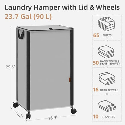 STORAGE MANIAC Rolling Laundry Hamper with Lid, 23.7 Gal (90 L) Large Tall Laundry Basket with Wheels & Handles, Aesthetic Dirty Clothes Hamper for Small Space, Dorm, Apartment, College, Gray - color: Gray