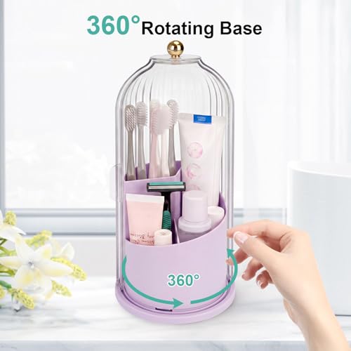 QIYVLOS Toothbrush Holders with Sliding Lid, Rotating 3 Slots Bathroom Organizer Countertop, Tooth Brush Toothpaste Holder Bathroom Counter Stand Sink Organizer for Makeup Brushes Holder (Purple) - color: Purple+transparent