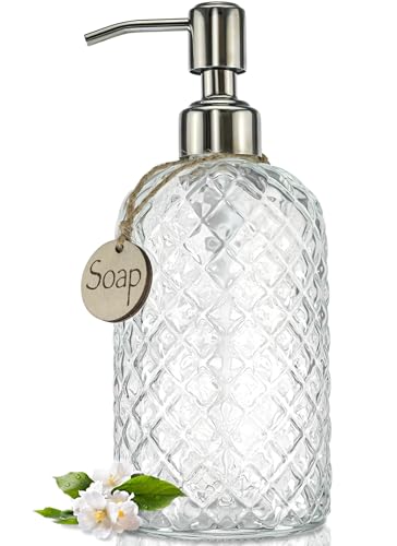 JASAI 18Oz Gem Patterned Clear Glass Soap Dispenser with Rust Proof Pump | Refillable Hand soap Dispenser for Kitchen, Premium Bathroom Soap Dispenser for Dish Soap, Hand soap, Lotion(Clear) - color: Clear